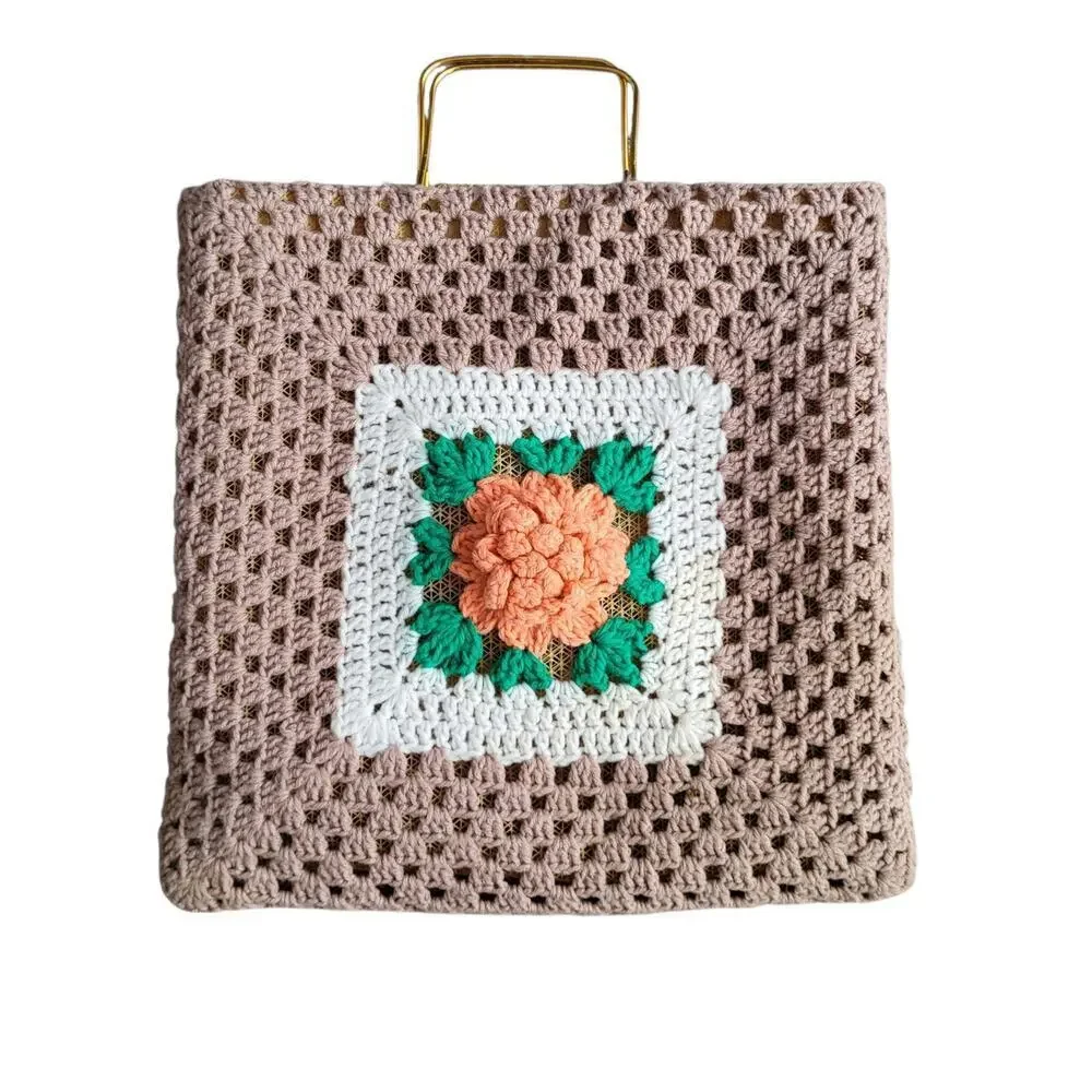Crochet Floral Tote‎ Bag Medium Tan Orange Dimensional Flowers Boho